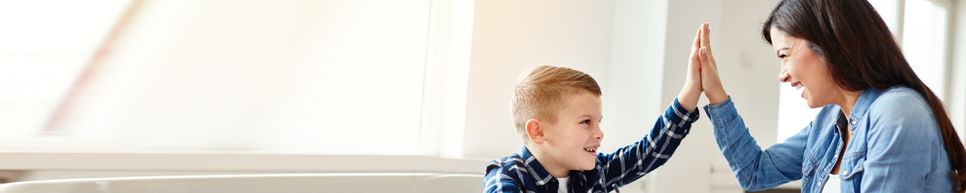 Lapsi ja aikuinen antavat toisilleen yläfemman kirkkaassa sisätilassa. Lapsella on sinimusta ruudullinen paita ja aikuisella sininen farkkupaita. Taustalla näkyy valkoiset seinät ja suuret ikkunat.