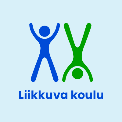 Liikkuva koulu -logo, jossa on kaksi ihmishahmoa: sininen hahmo seisoo kädet ylhäällä ja vihreä hahmo tekee käsilläseisontaa. Logon alla lukee Liikkuva koulu.
