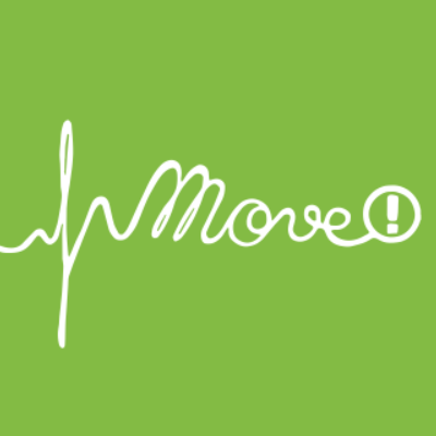Move!-logo, jossa valkoinen teksti 'Move!' on vihreällä taustalla. Teksti on muotoiltu niin, että se näyttää sydänkäyrältä eli EKG-viivalta.