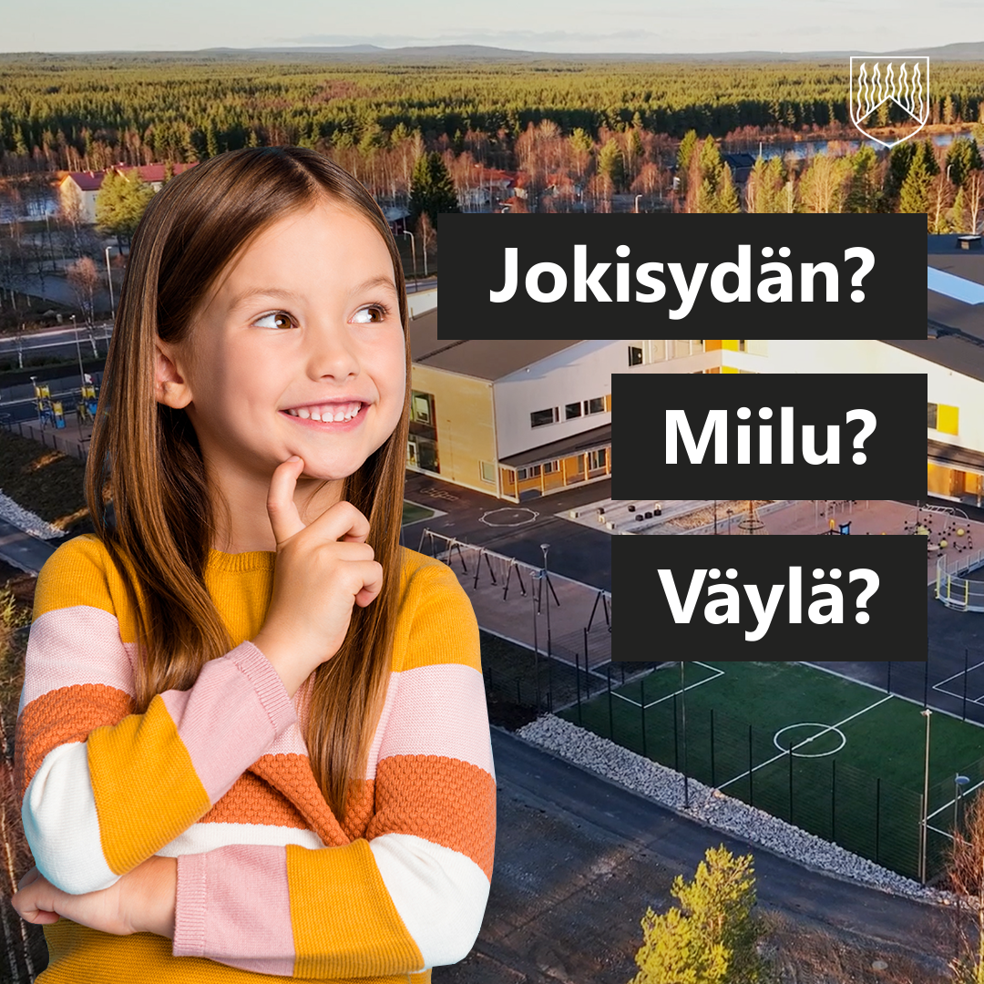Ilmakuva modernista koulurakennuksesta, jonka edessä on urheilukenttä ja leikkialue. Kuvan etualalla on henkilö värikkäässä, oranssin, valkoisen ja vaaleanpunaisen sävyisessä raidallisessa neuleessa. Kuvassa näkyy kolme mustalla taustalla olevaa tekstiä: 'Jokisydän?', 'Miilu?', 'Väylä?'. Yläkulmassa on valkoinen vaakunalogo.