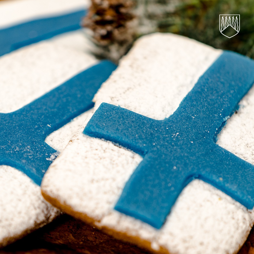 Lähikuva kahdesta suorakulmaisesta piparkakusta, jotka on koristeltu valkoisella tomusokerilla ja sinisellä kuorrutteella muodostaen Suomen lipun ristin. Taustalla näkyy havunoksia ja käpy, luoden talvisen ja juhlavasti koristellun tunnelman.
